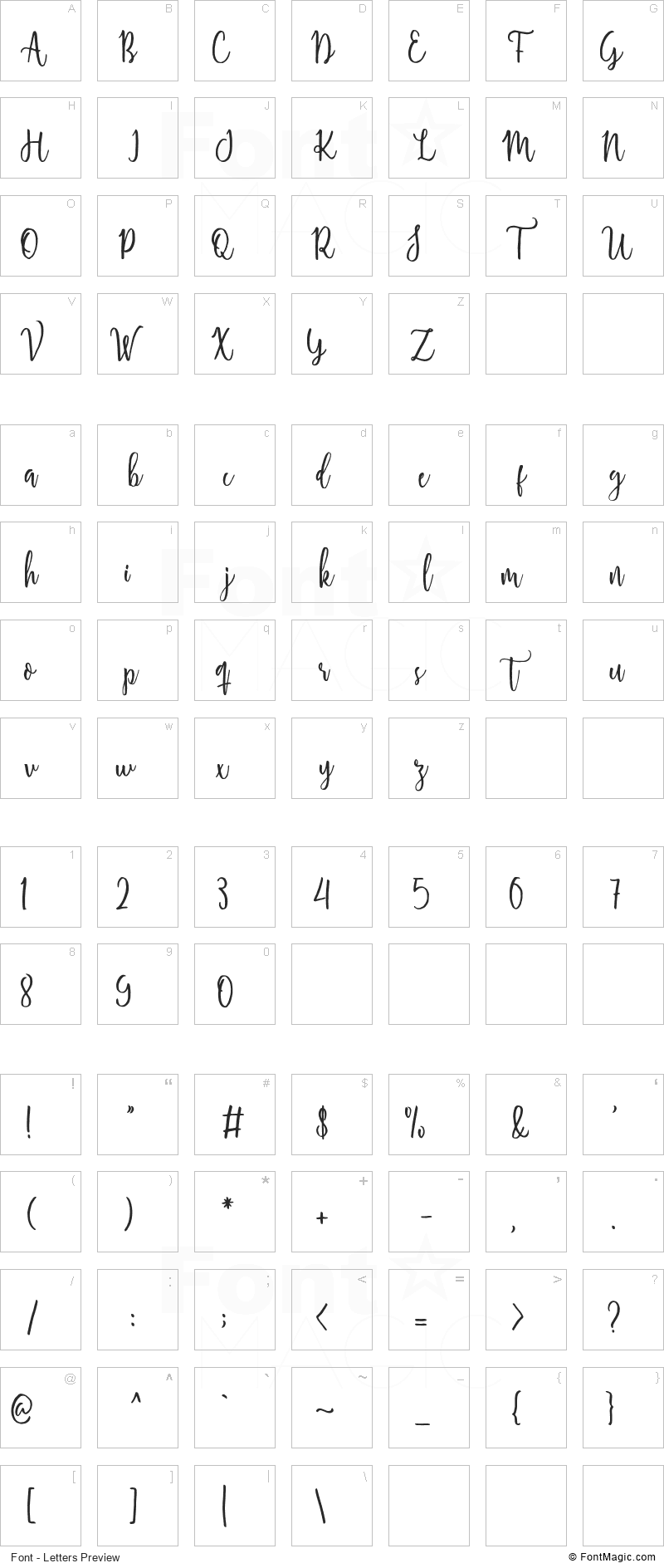Shellahera Script Font - All Latters Preview Chart
